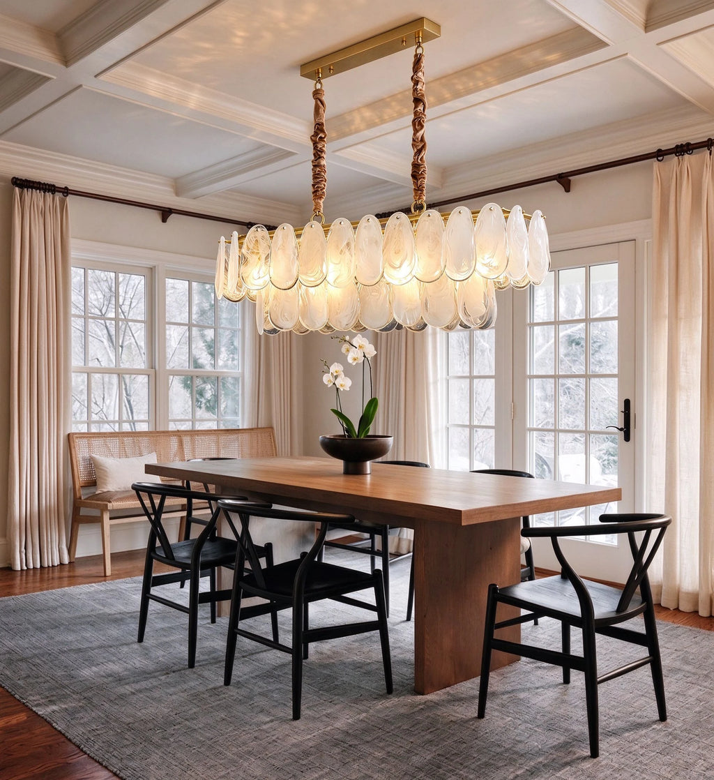 Modern Double-Tier Oval Wave Art Glass Linear Chandelier in Contemporary Dining Area