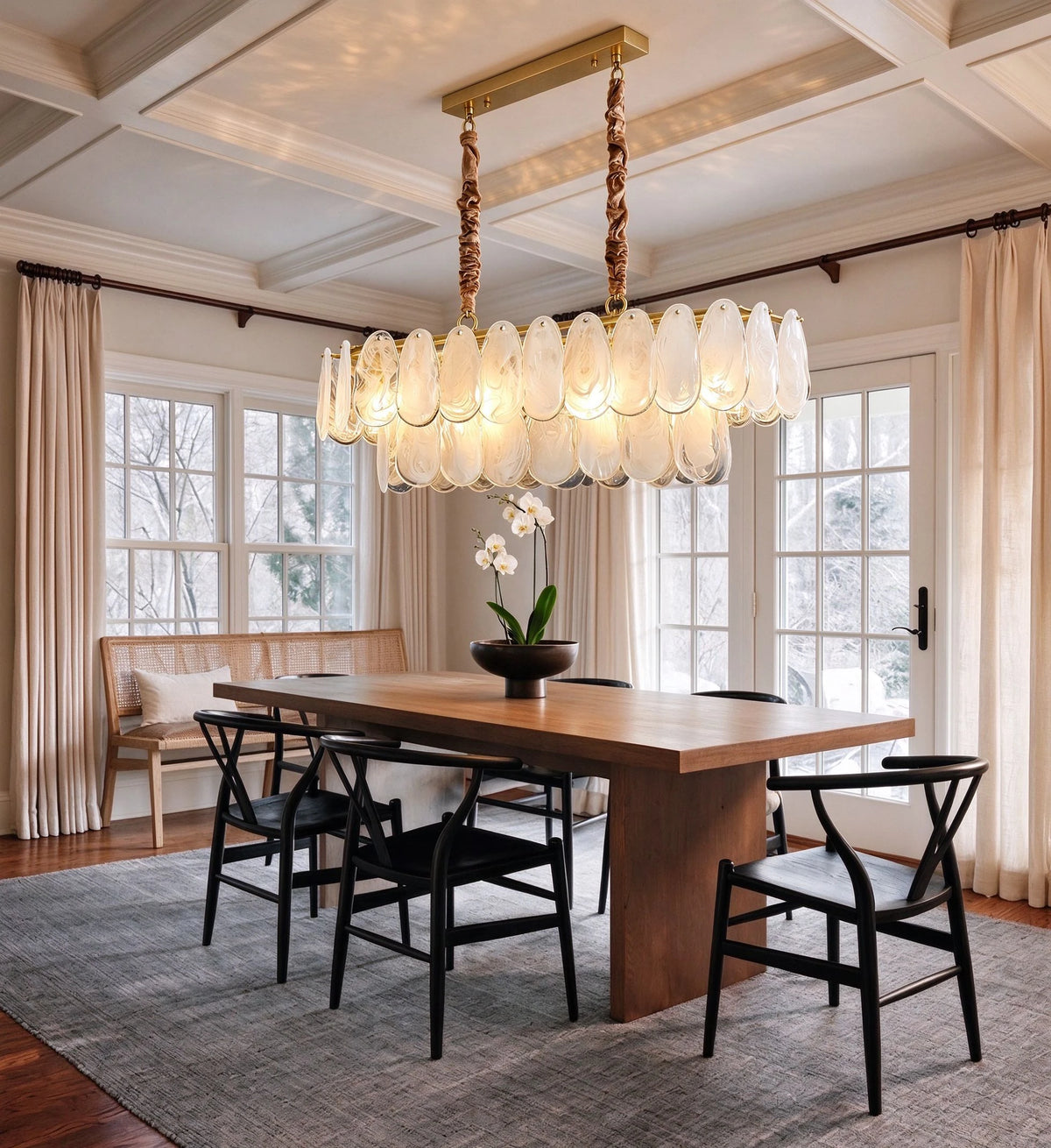 Modern Double-Tier Oval Wave Art Glass Linear Chandelier in Contemporary Dining Area