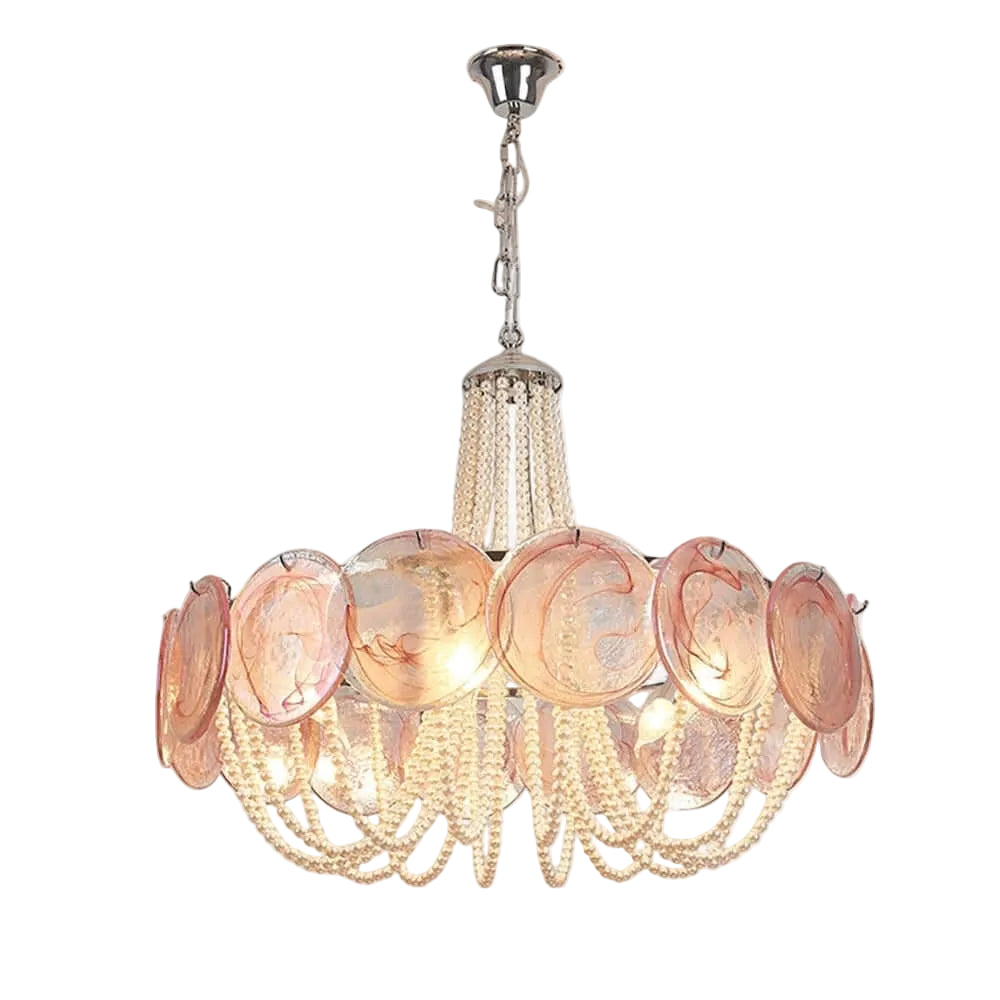 Vintage Pink Glass Disc Beaded Chandelier with Chrome Canopy on Pure White Background