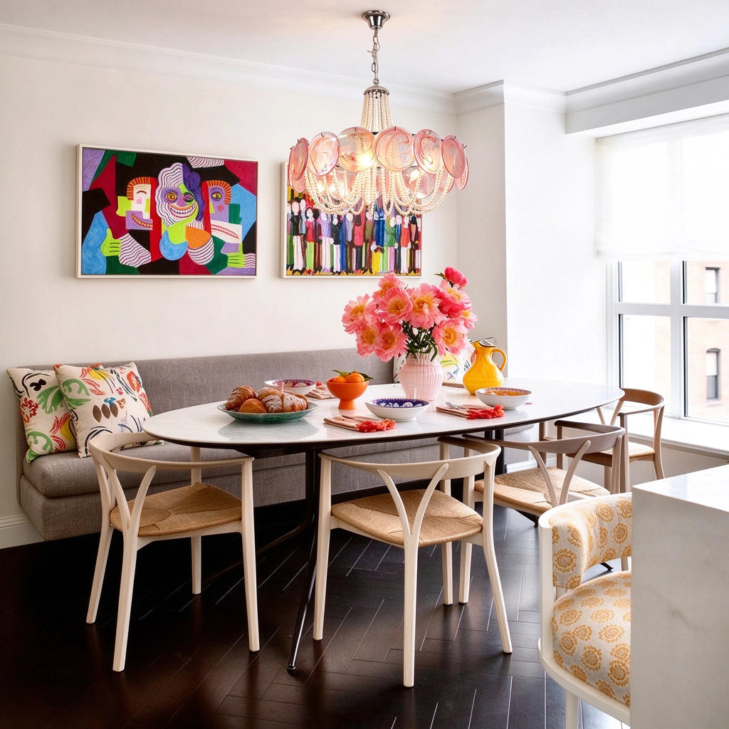 Gray Toned Kitchen-Dining Space Installation of Pink Glass Chandelier