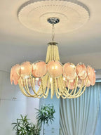 Bright Warm Kitchen-Dining Space Installation of Pink Beaded Chandelier