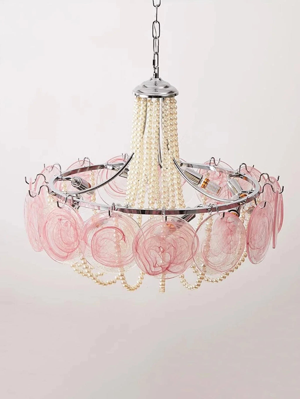 Front View of Pink Glass Beaded Chandelier on Light Gray Background