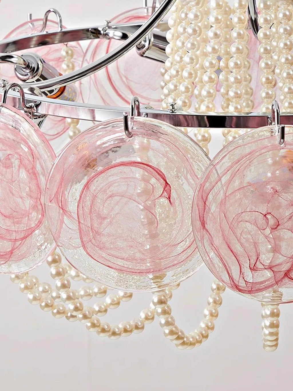 White Textured Glass and Pearl Strand Chandelier