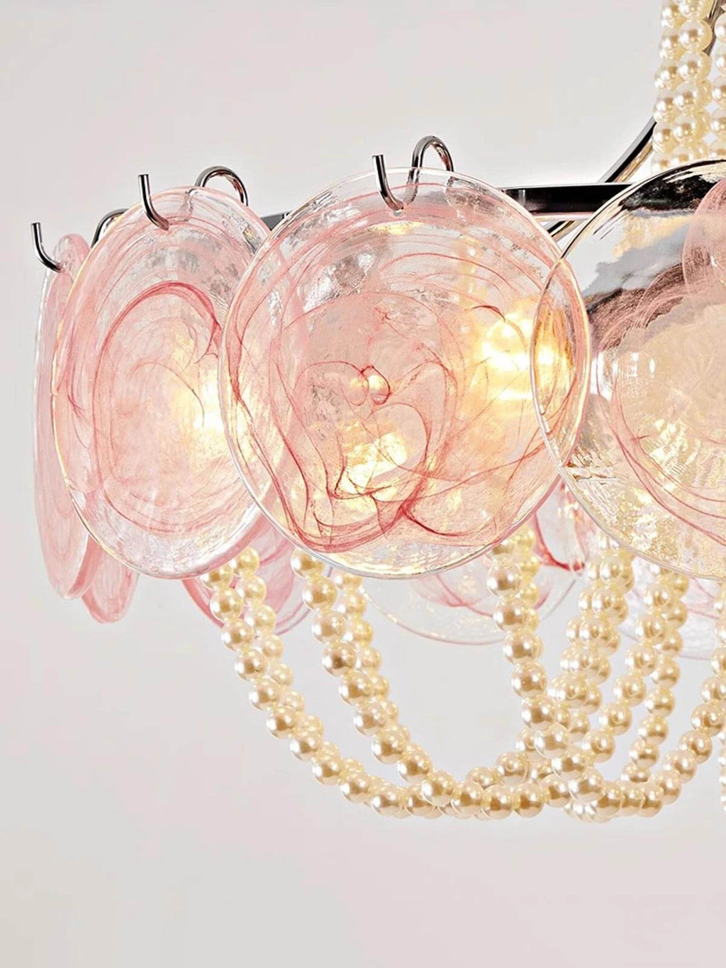 White Textured Glass and Pearl Strand Chandelier
