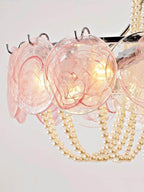 White Textured Glass and Pearl Strand Chandelier