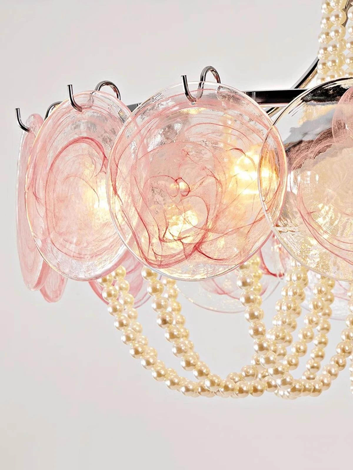 White Textured Glass and Pearl Strand Chandelier