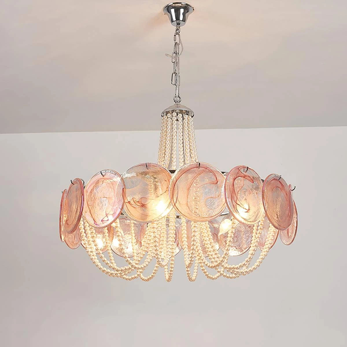 White Textured Glass and Pearl Strand Chandelier