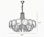 Front View Dimensioned Technical Line Drawing of Pink Glass Chandelier