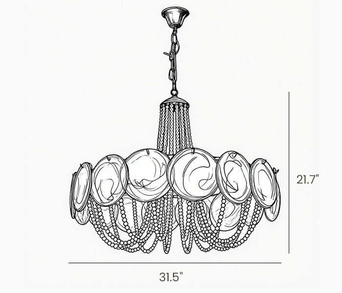 Front View Dimensioned Technical Line Drawing of Pink Glass Chandelier