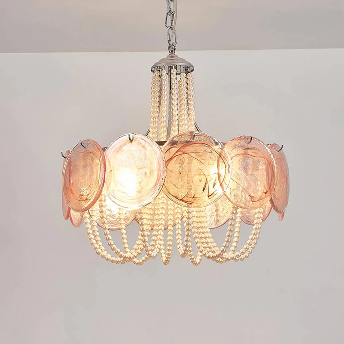 Bottom-Up View of Pink Glass Beaded Chandelier