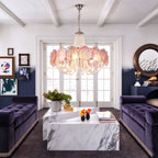 Modern Luxury Living Room Installation of Pink Beaded Chandelier