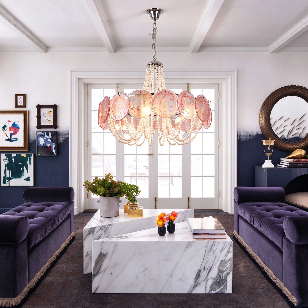Modern Luxury Living Room Installation of Pink Beaded Chandelier