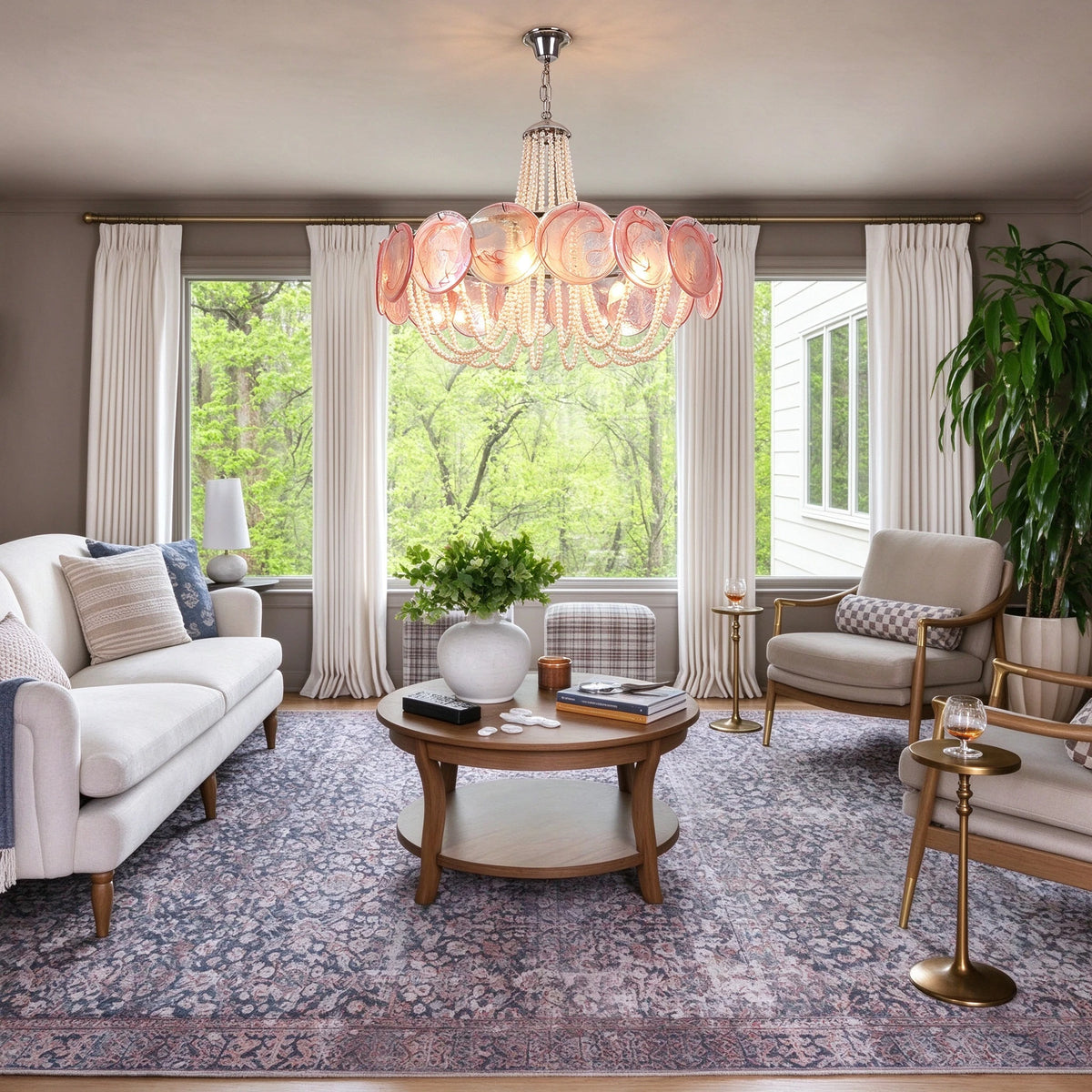 Bright American Style Living Room Installation of Pink Glass Chandelier