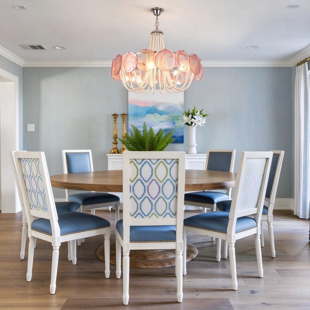 Fresh Light Dining Room Installation Shot of Pink Beaded Chandelier