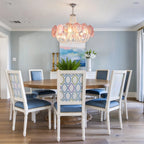 Fresh Light Dining Room Installation Shot of Pink Beaded Chandelier