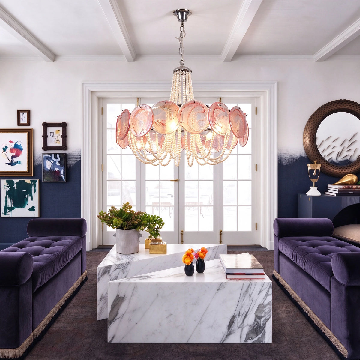 Dark Luxury Living Room Installation Shot of Pink Glass Chandelier