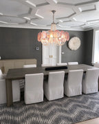 Modern Minimalist Bar Counter Area Installation of Pink Beaded Chandelier
