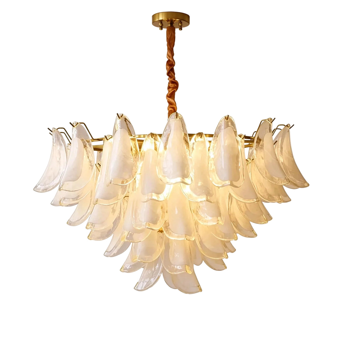 Modern Brass and Amber Feather Wave Art Glass Chandelier with Gold Canopy on Pure White Background