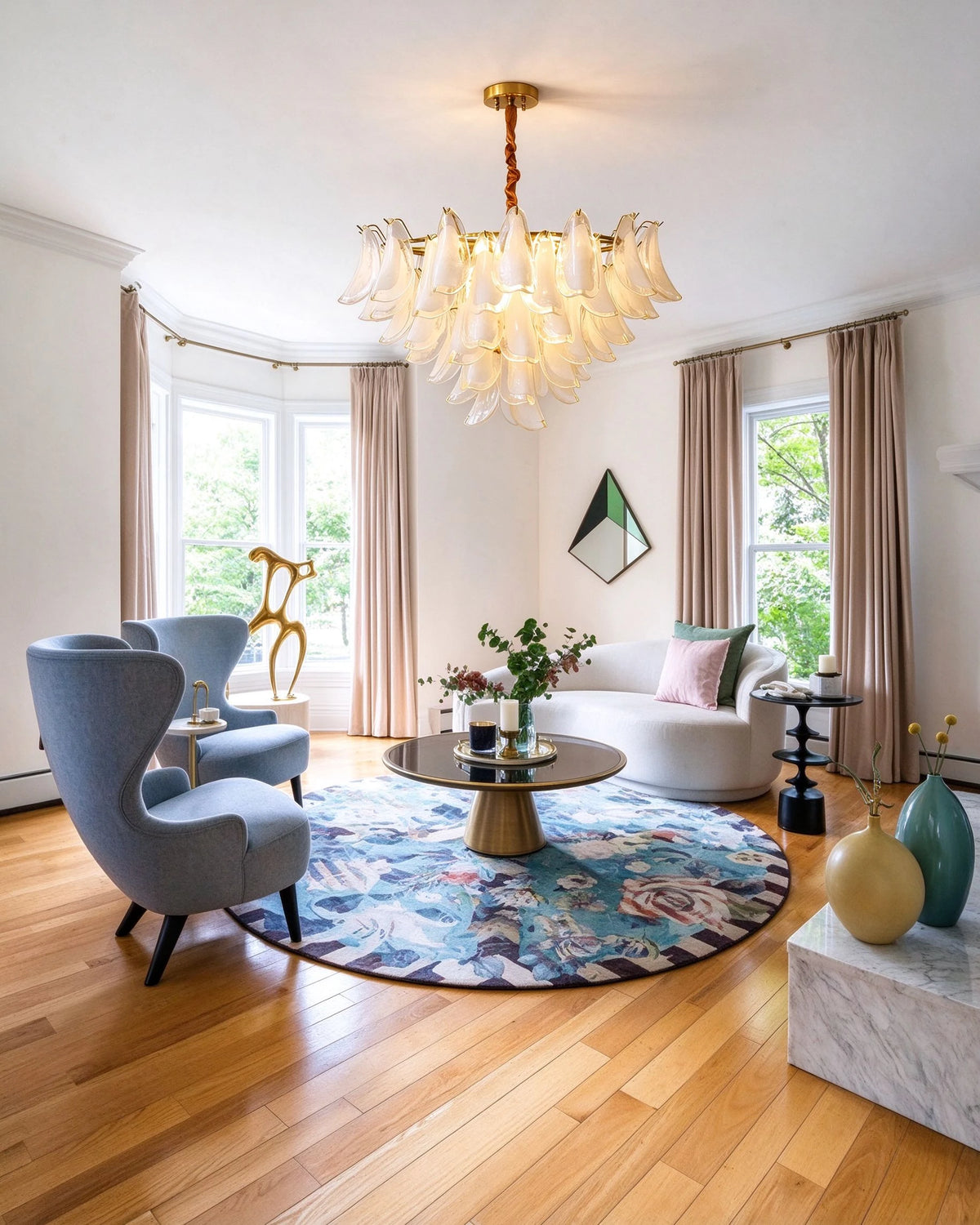 Modern Brass Amber Feather Chandelier in Bright Living Room
