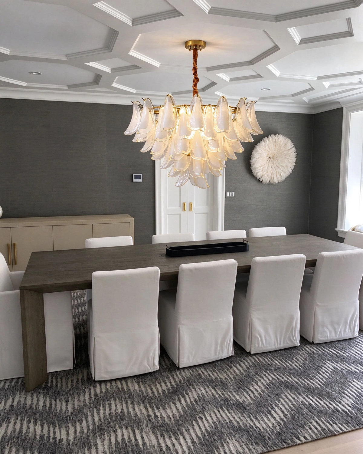 Modern Amber Feather Wave Art Glass Chandelier in Luxury Dining Area