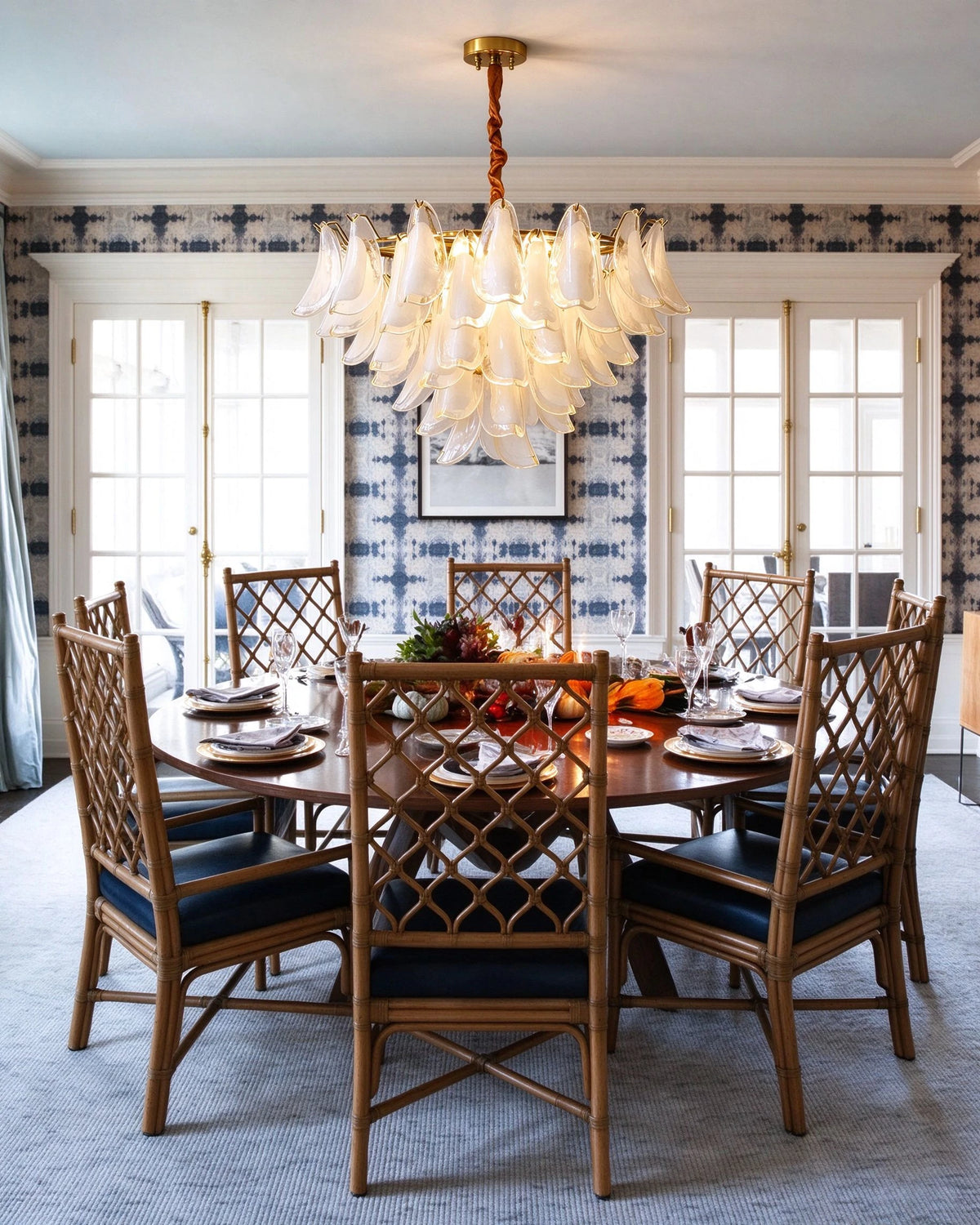 Modern Brass Amber Feather Chandelier in Elegant Dining Room