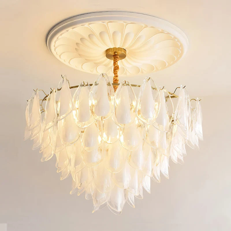 Illuminated Modern Amber Feather Wave Art Glass Chandelier Studio Display