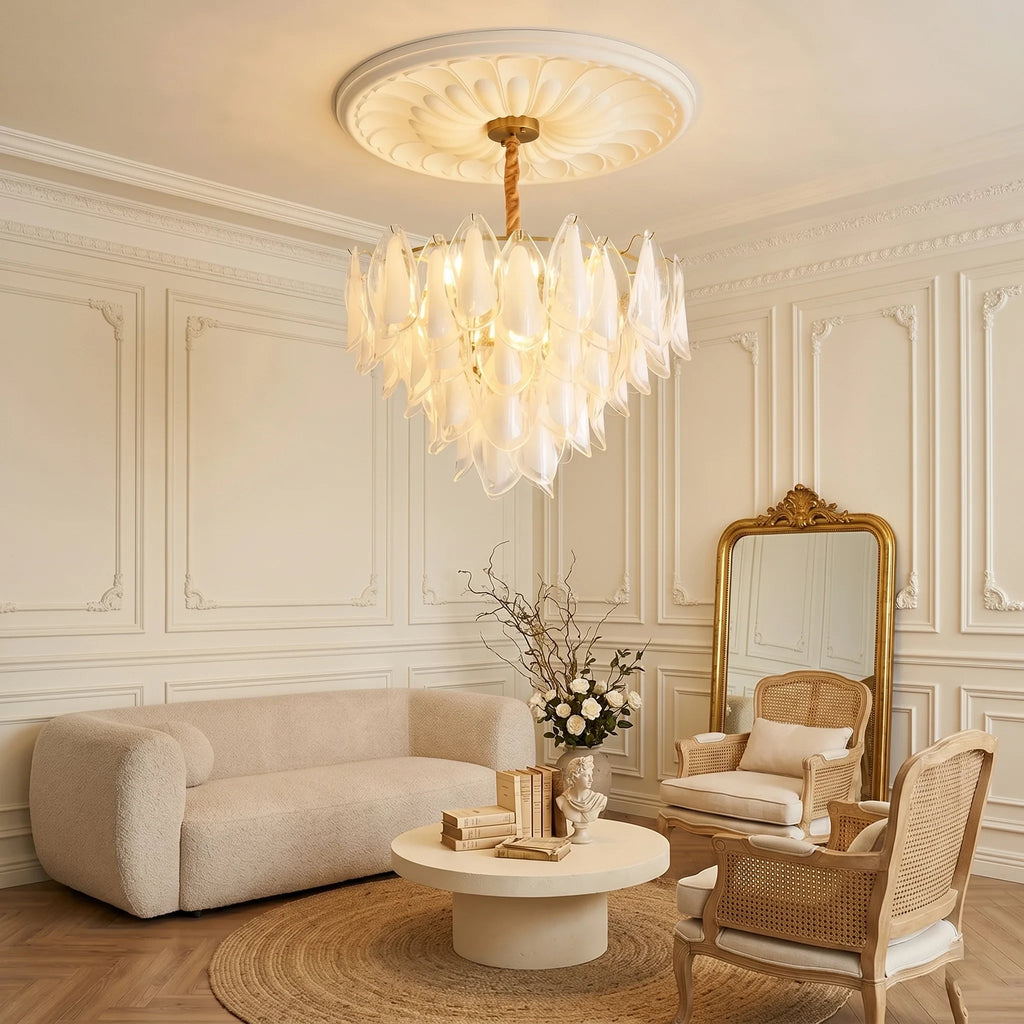 Modern Brass Amber Feather Chandelier in Cozy Sitting Room