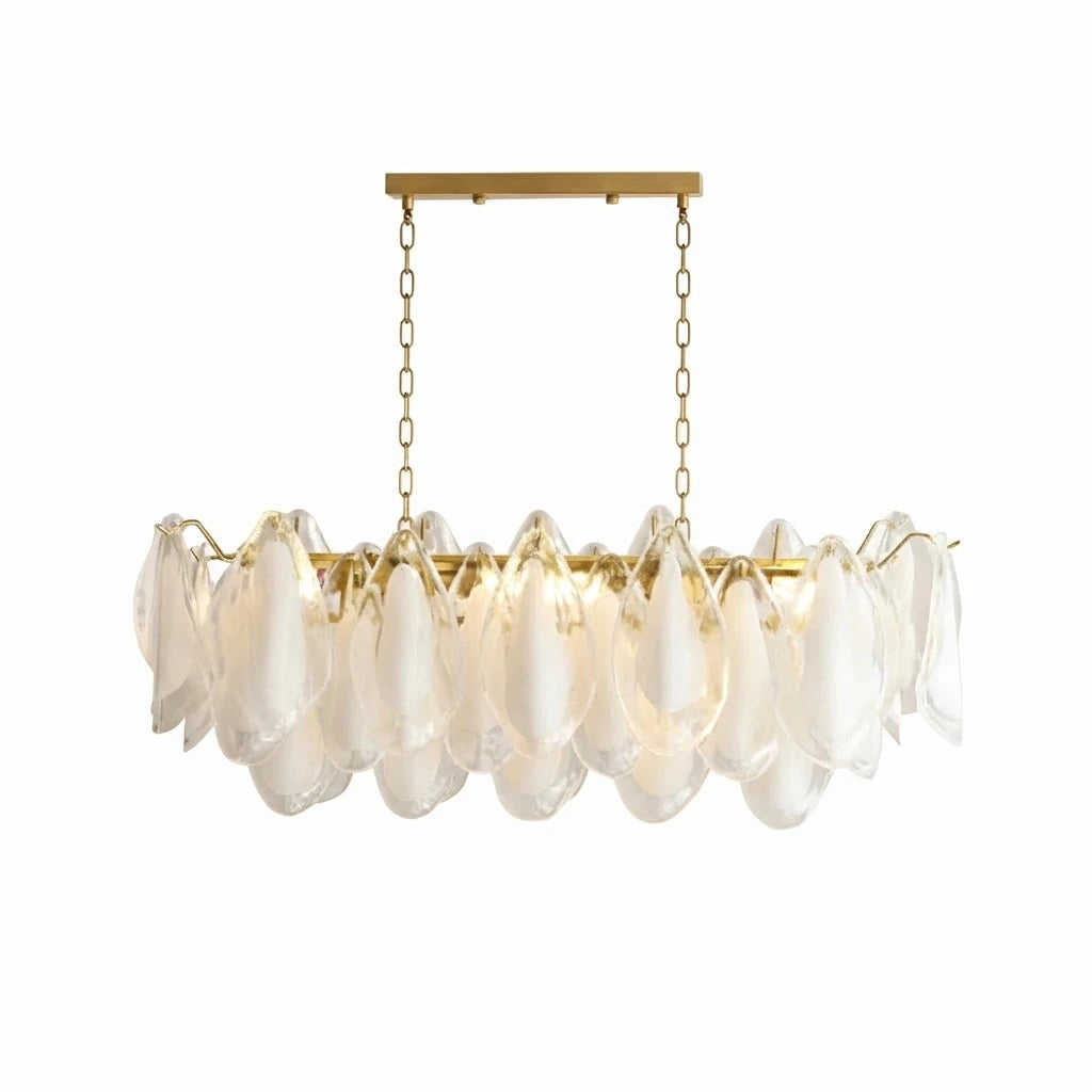 Modern Brass and Frosted White Feather Wave Art Glass Linear Chandelier with Dual Gold Canopies on Pure White Background