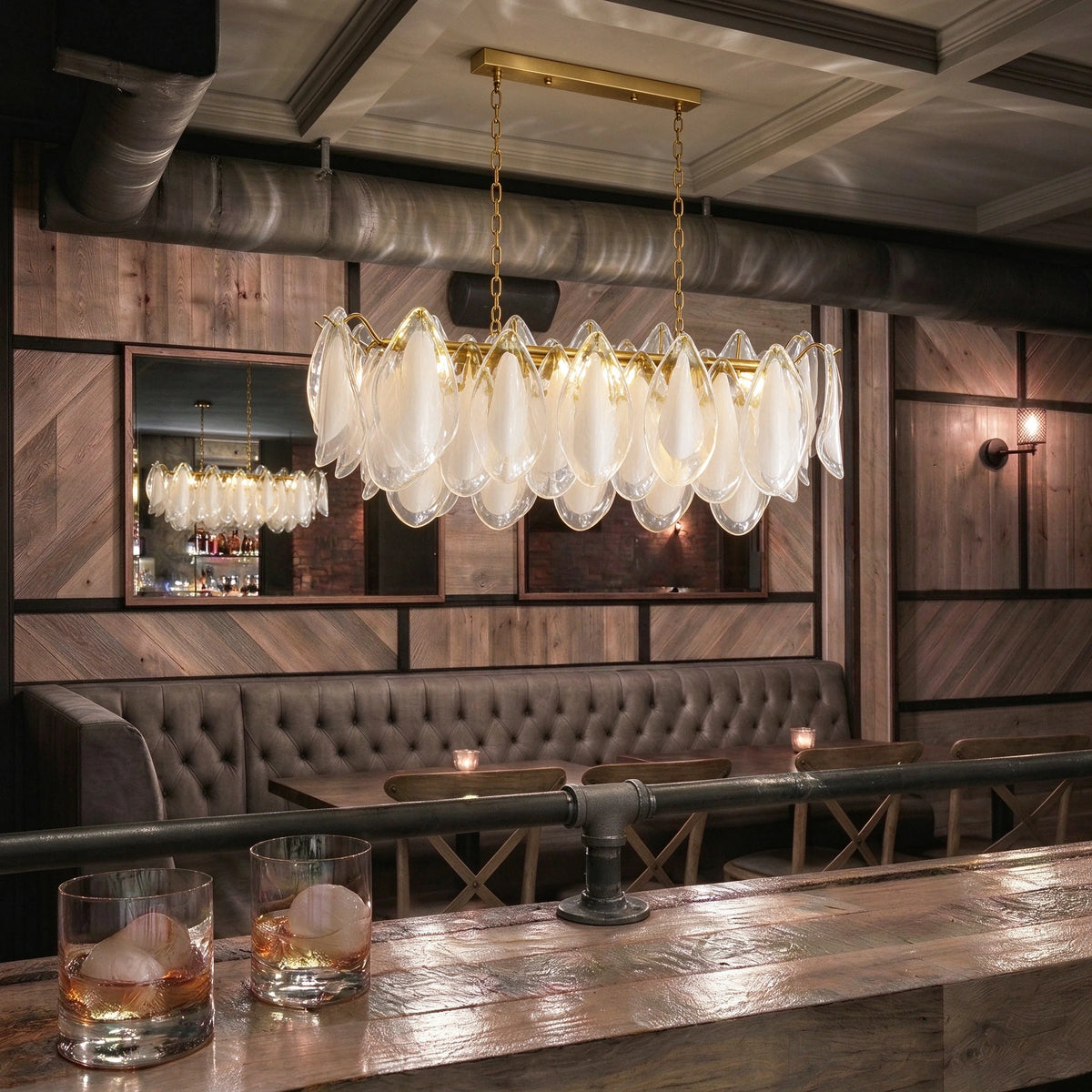 Modern Brass Frosted White Feather Chandelier in Retro Lounge Bar Setting