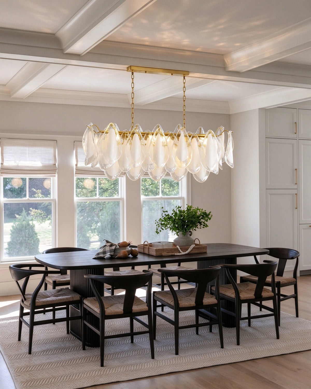 Modern Brass Frosted White Feather Chandelier in Formal Dining Room