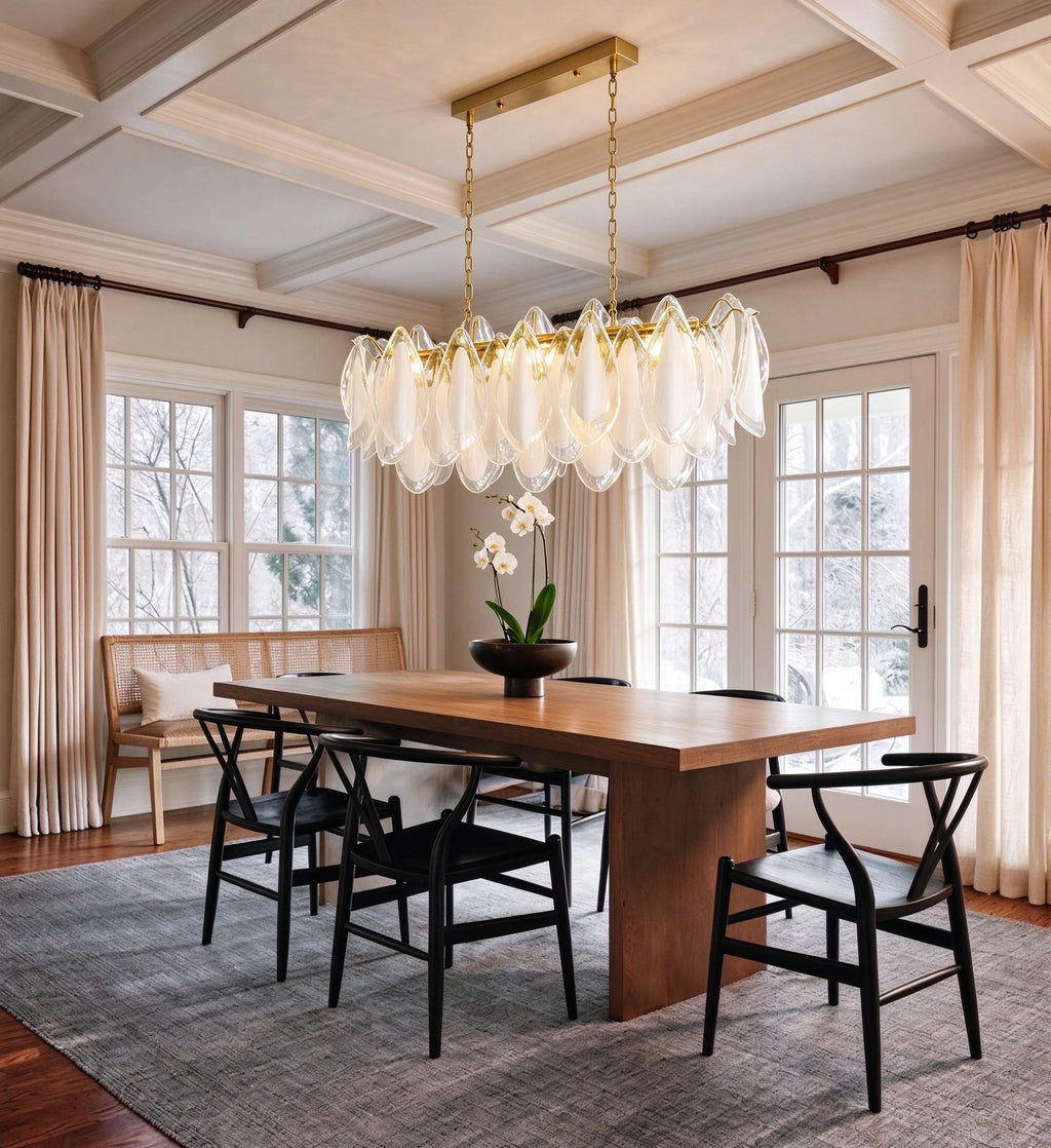 Modern Frosted White Feather Wave Art Glass Linear Chandelier in Elegant Dining Space