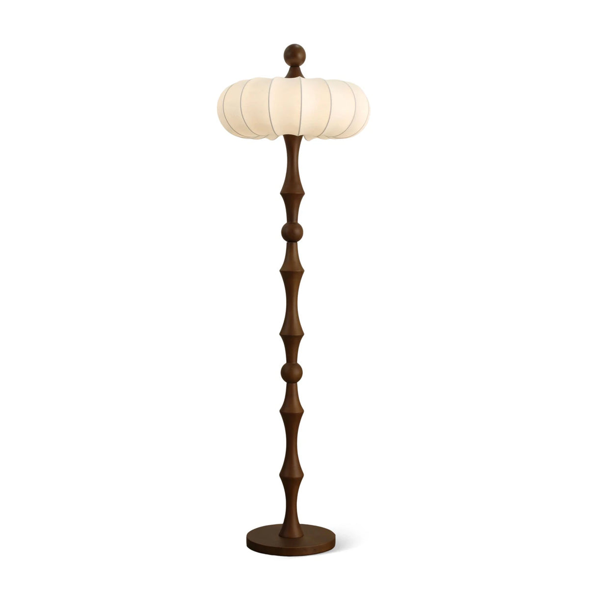 Mid Century Wooden Spindle Floor Lamp with Pumpkin Fabric Shade on Pure White Background