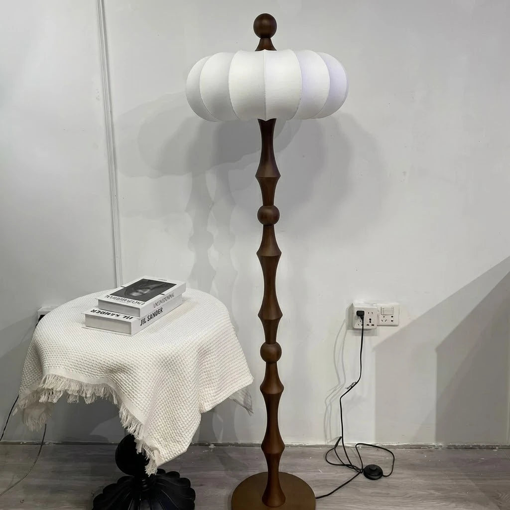 Vintage Wooden Floor Lamp with White Pumpkin Shade Studio Display
