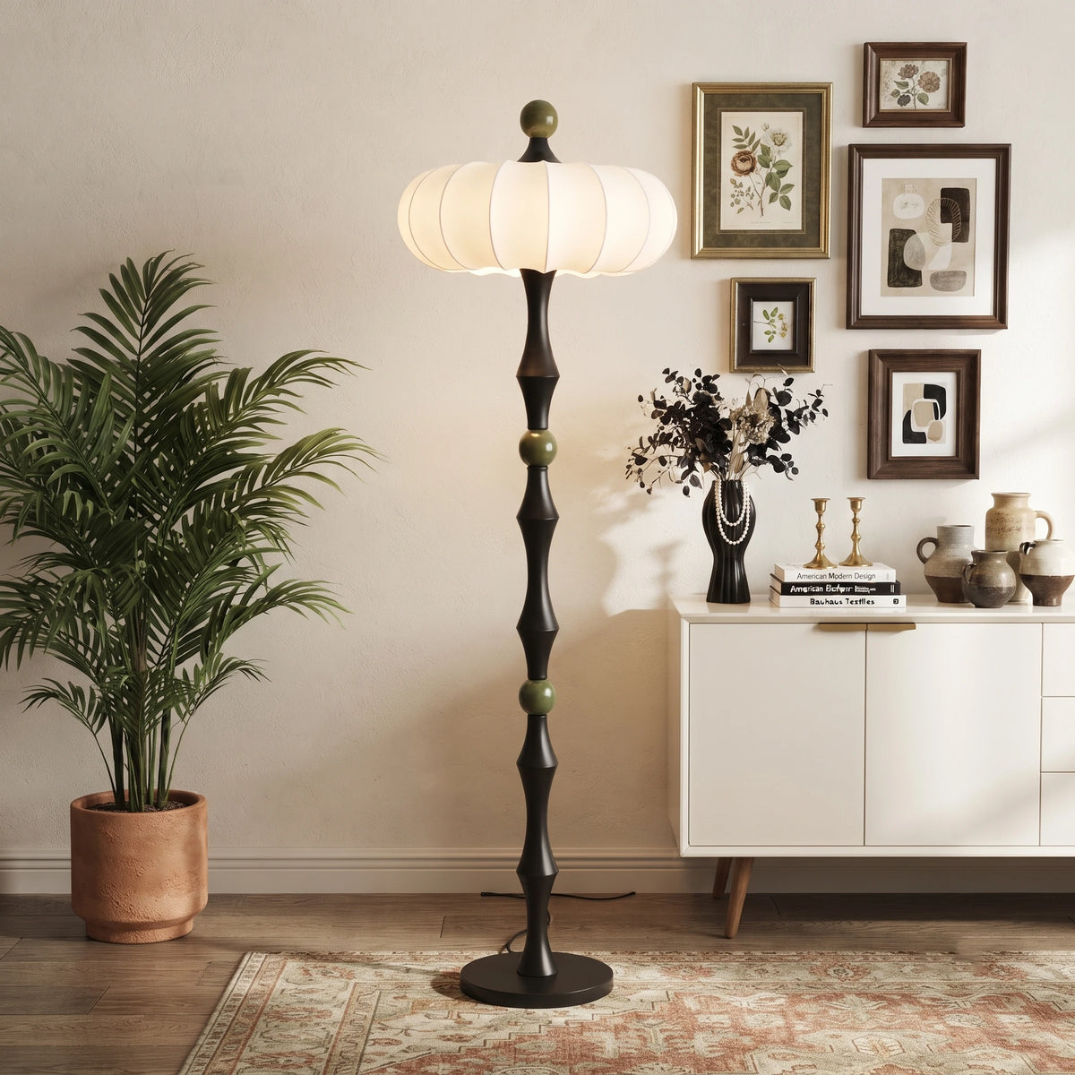 Black Spindle Floor Lamp Over Living Room Credenza