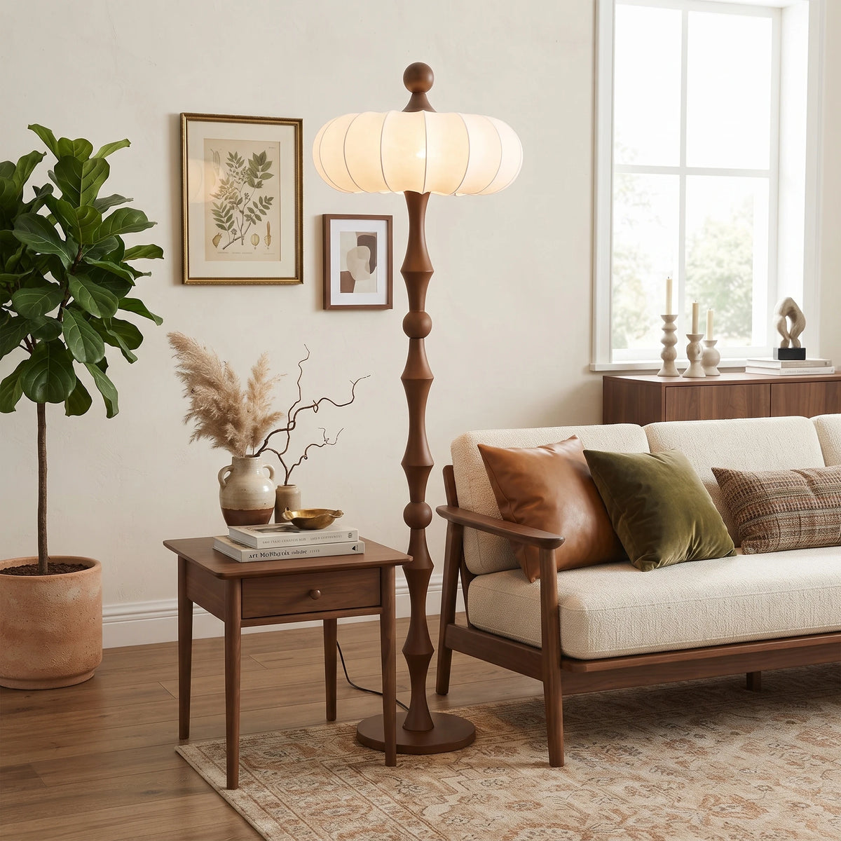 Mid Century Wooden Floor Lamp Over Living Room Seating Area