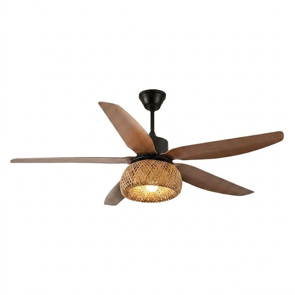 Black Wood 5 Blade Ceiling Fan with Rattan Shade Studio Display