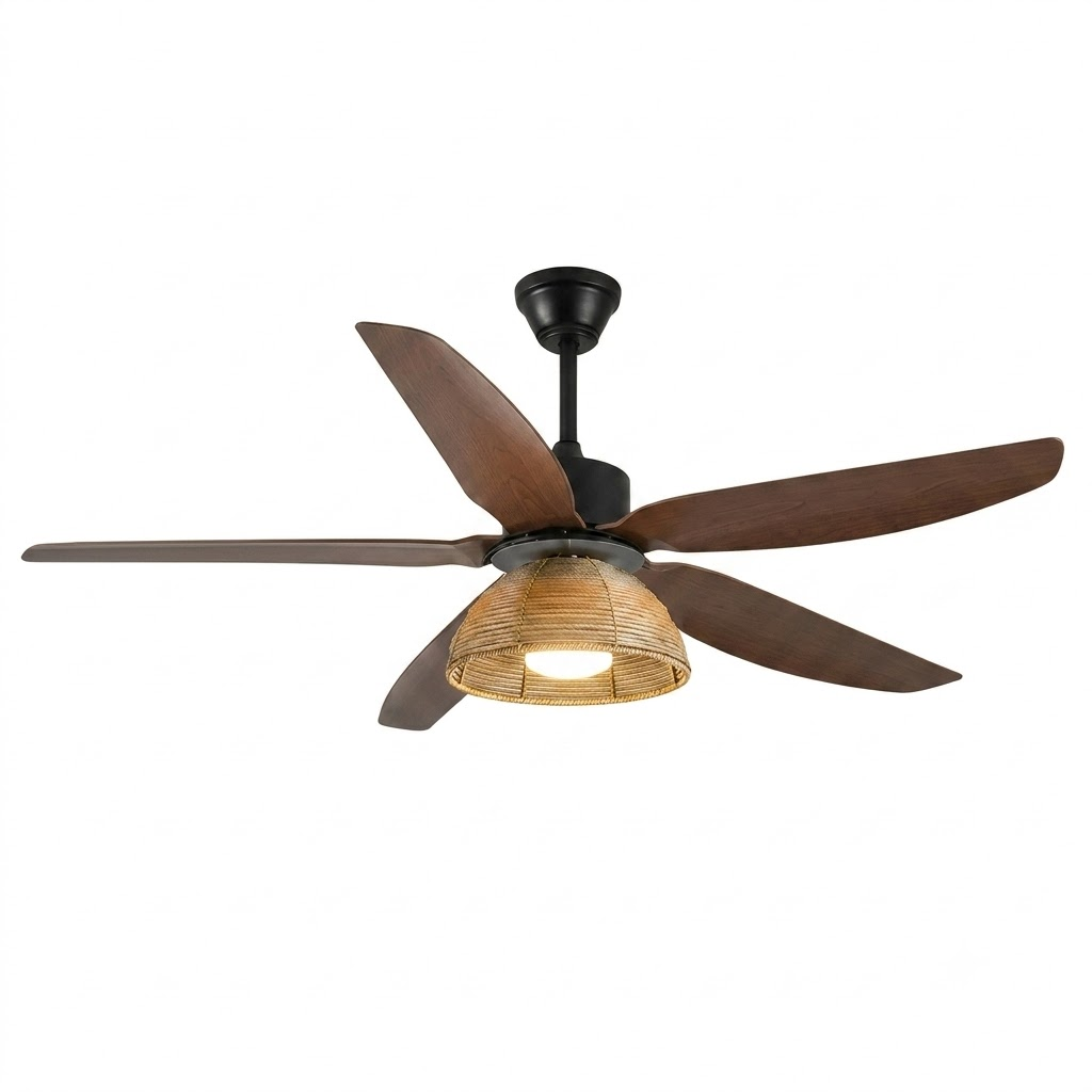 Modern Wood 5 Blade Ceiling Fan with Woven Rattan Shade on White Background