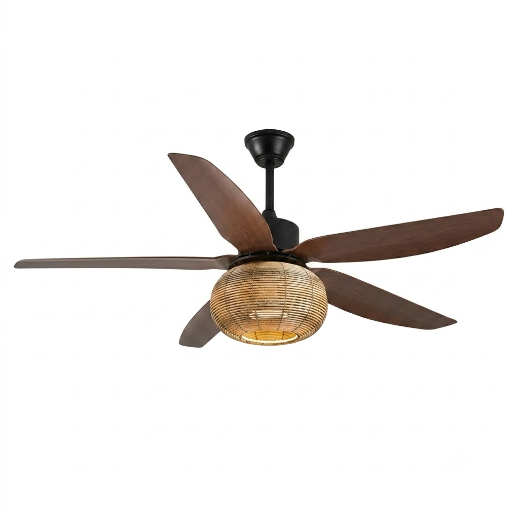 Black Wood Blade Rattan Ceiling Fan Light Studio Product Shot