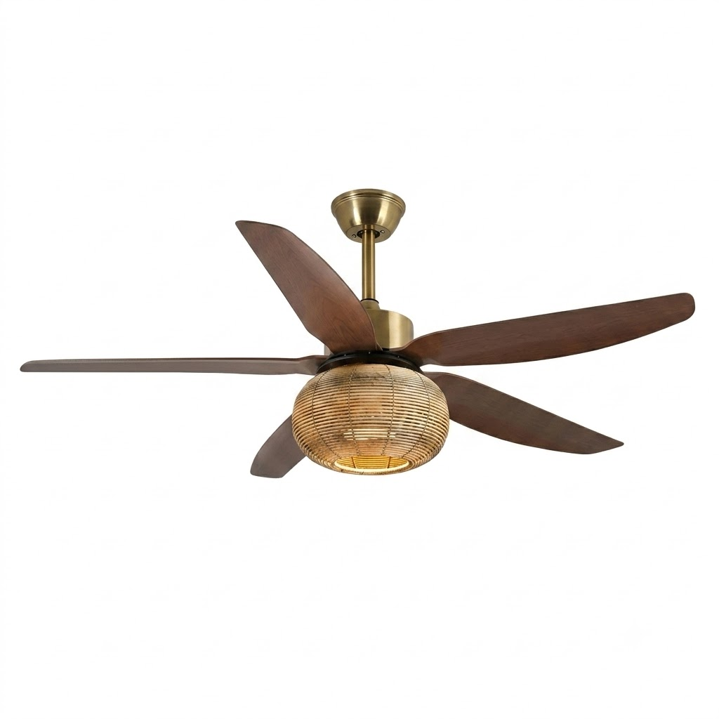 Brass Wood Blade Rattan Ceiling Fan Light Studio Product Shot