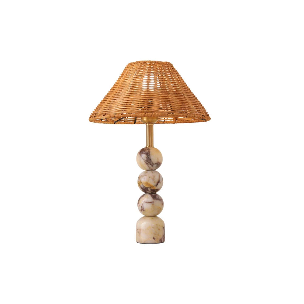 Stacked Marble Sphere Table Lamp with Rattan Shade on White Background