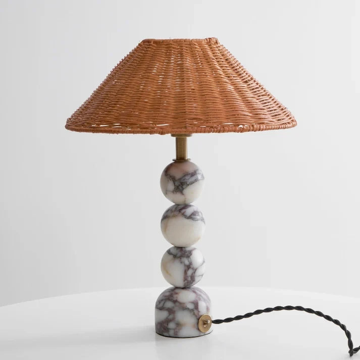 Rattan Shade Marble Table Lamp Studio Shot with Cord