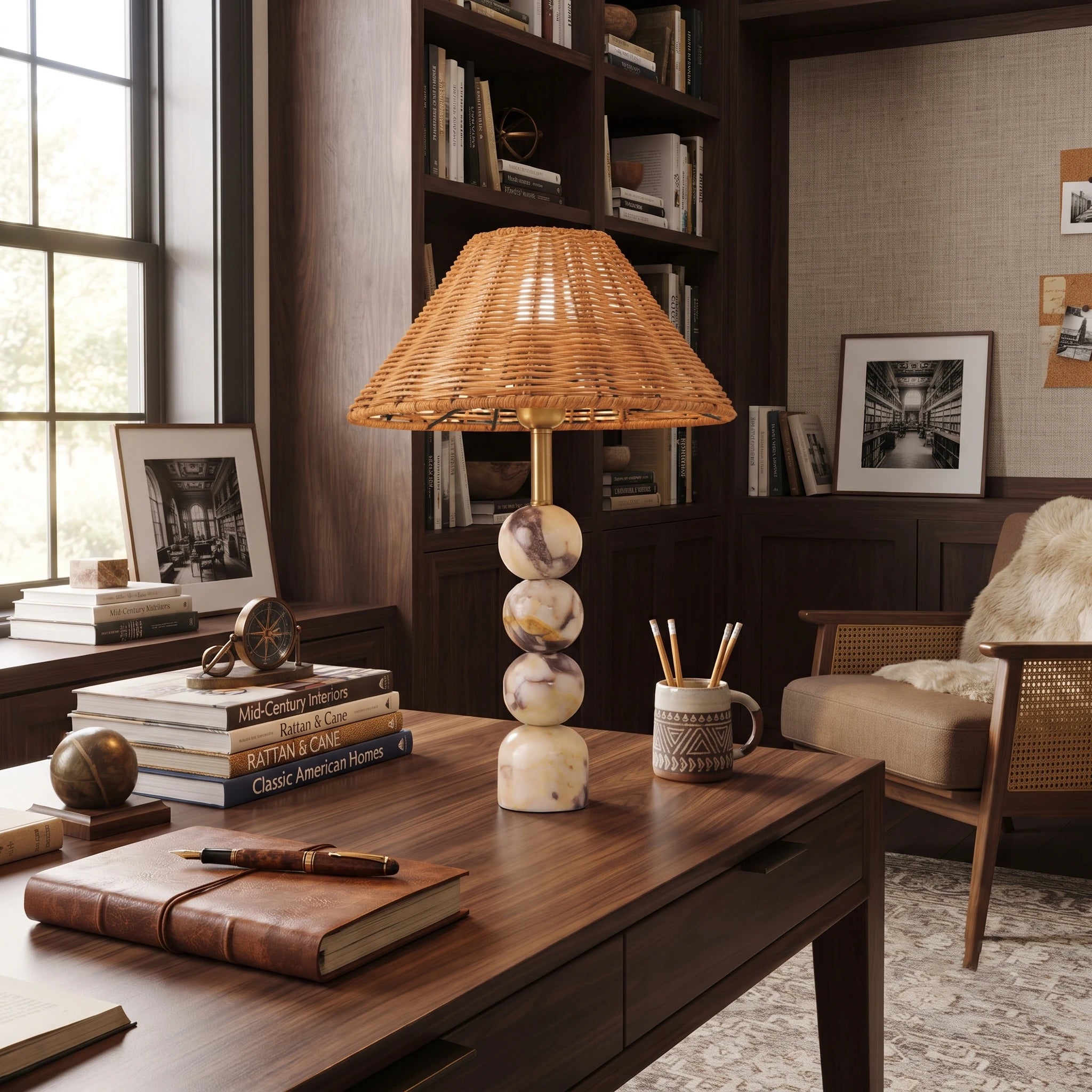 Woven Rattan Marble Sphere Lamp