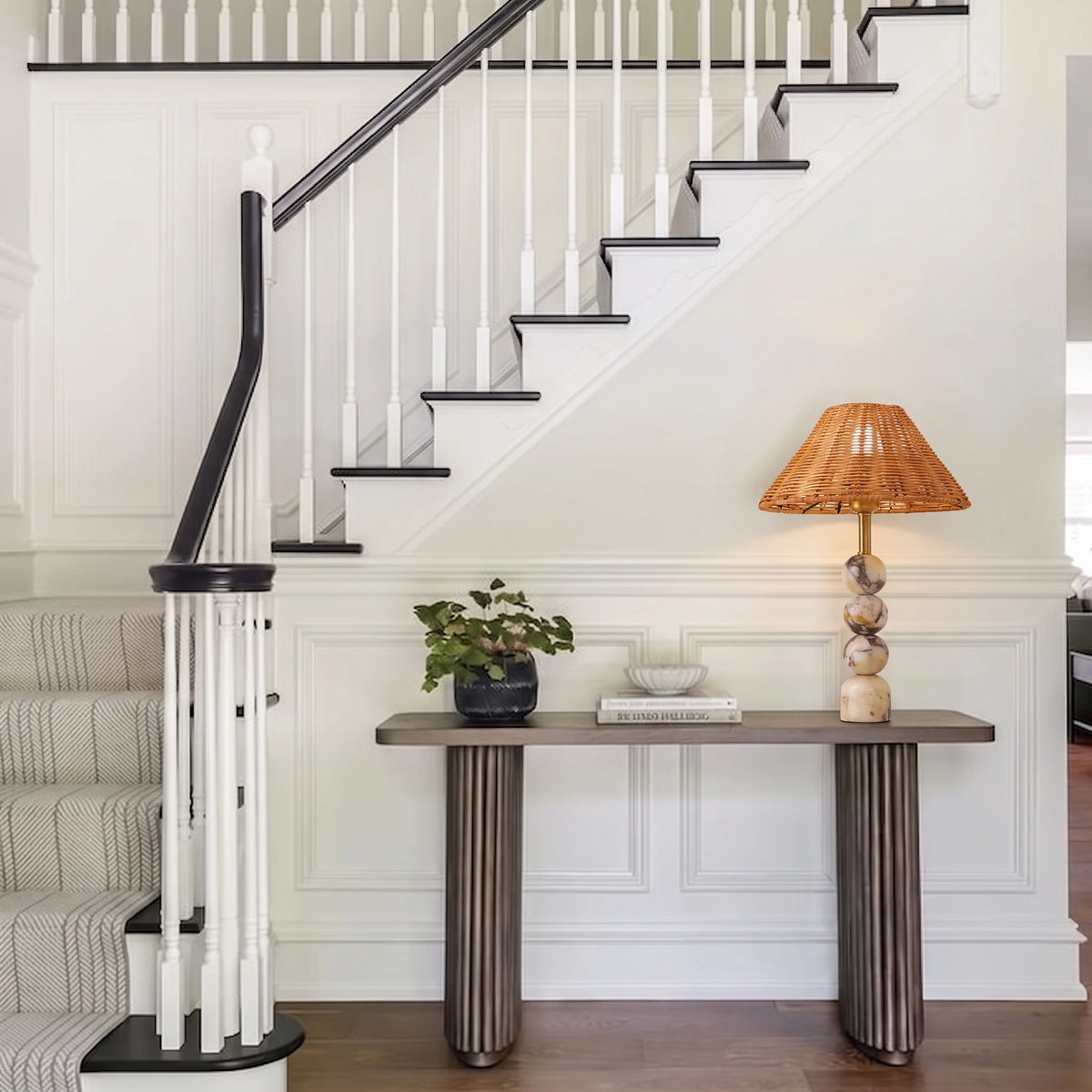 Woven Rattan Table Lamp on Entryway Console Table