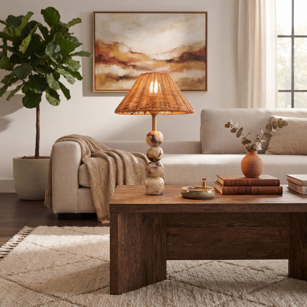 Woven Rattan Marble Sphere Lamp
