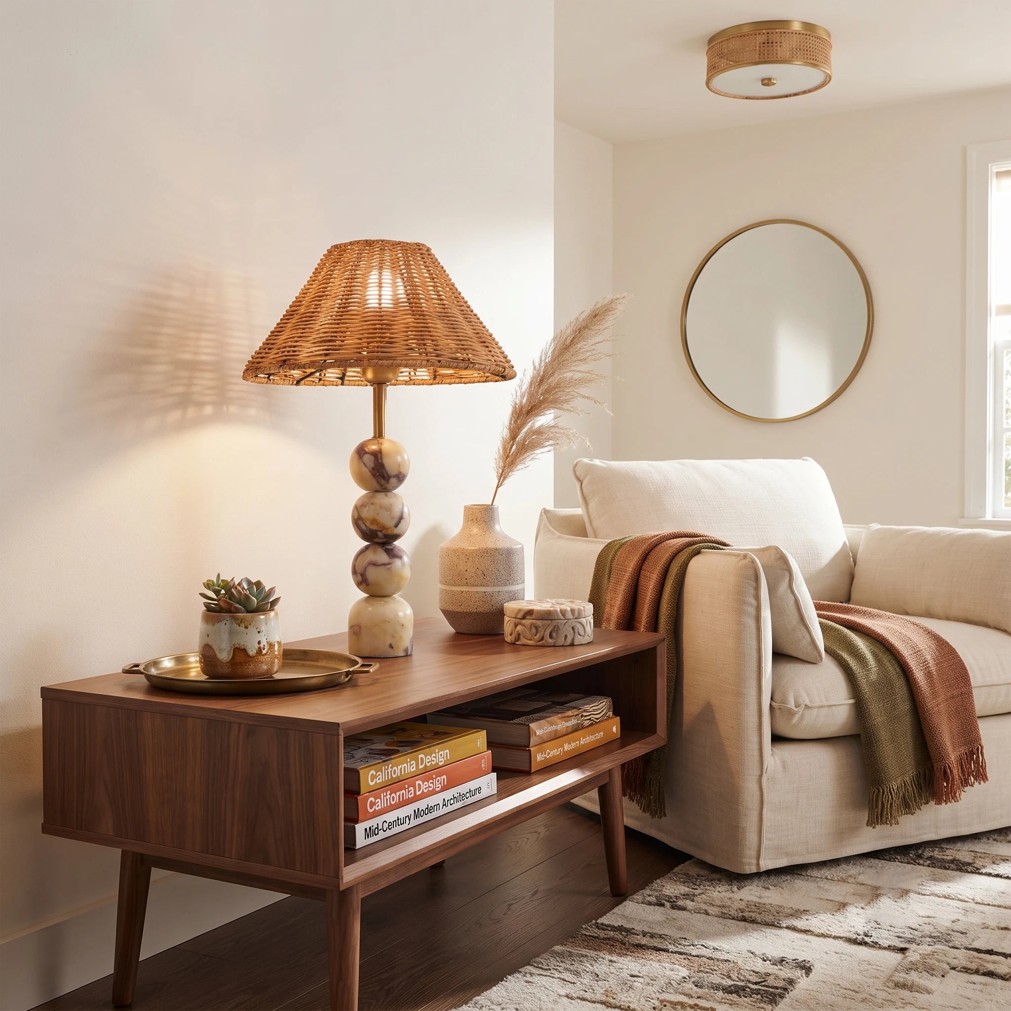 Woven Rattan Marble Sphere Lamp