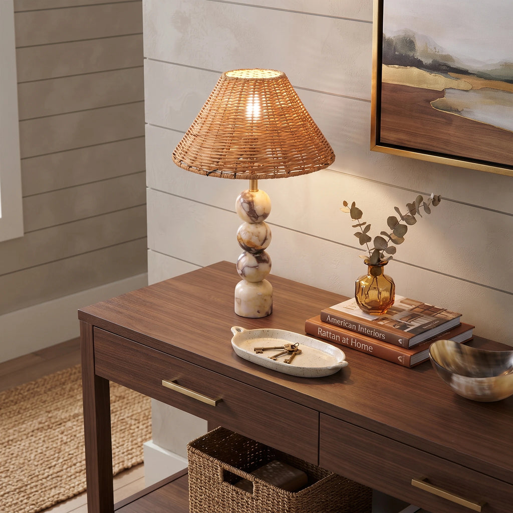 Woven Rattan Marble Sphere Lamp