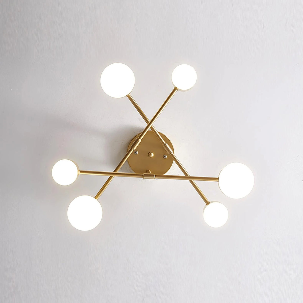 Bottom Up View of Glowing 6 Light Brass Ceiling Chandelier