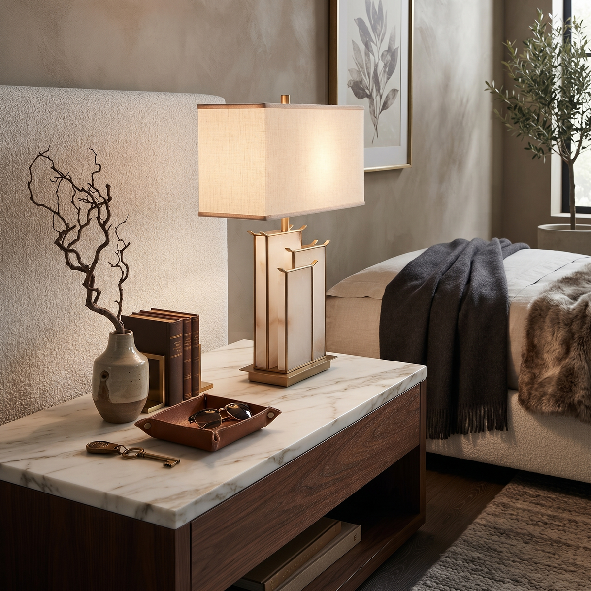 Architectural Alabaster Table Lamp in Contemporary Living Area