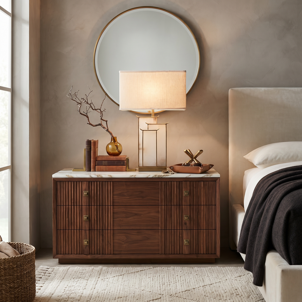 Brass Frame Alabaster Lamp on Bedroom Credenza