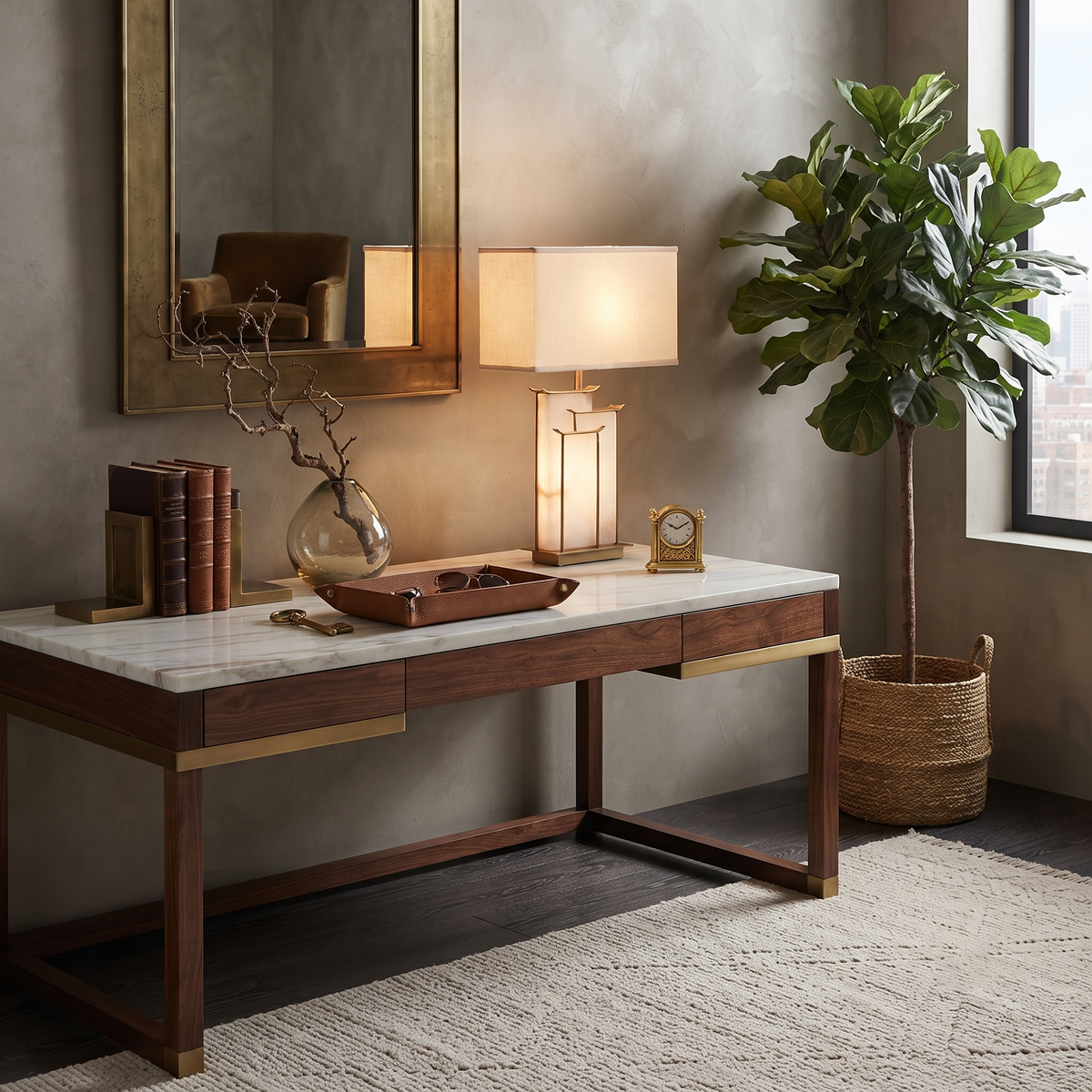 Modern Alabaster Desk Lamp over Wooden Console Table